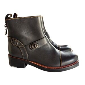 Coach G1192 Black Leather Turnlock Tea Rose Boots 9.5 B Cap Toe Zipper UNUSED